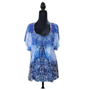 Apt 9 Womens 0X Plus Size Blue Y2K Boho Hippie Whimsical Short Sleeve Shirt